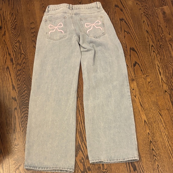 Edikted Denim - Edikted XS Light Blue Flare Jeans with Pink Bow Detail